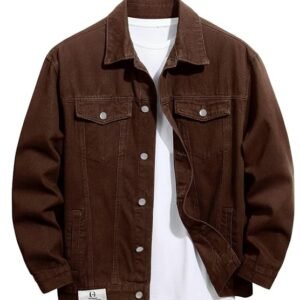 Dark Brown Denim Look Jacket with Plain White T-shirt
