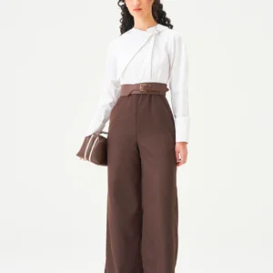 Designed Plain White Top with Dark Brown Straight Bottom Pant